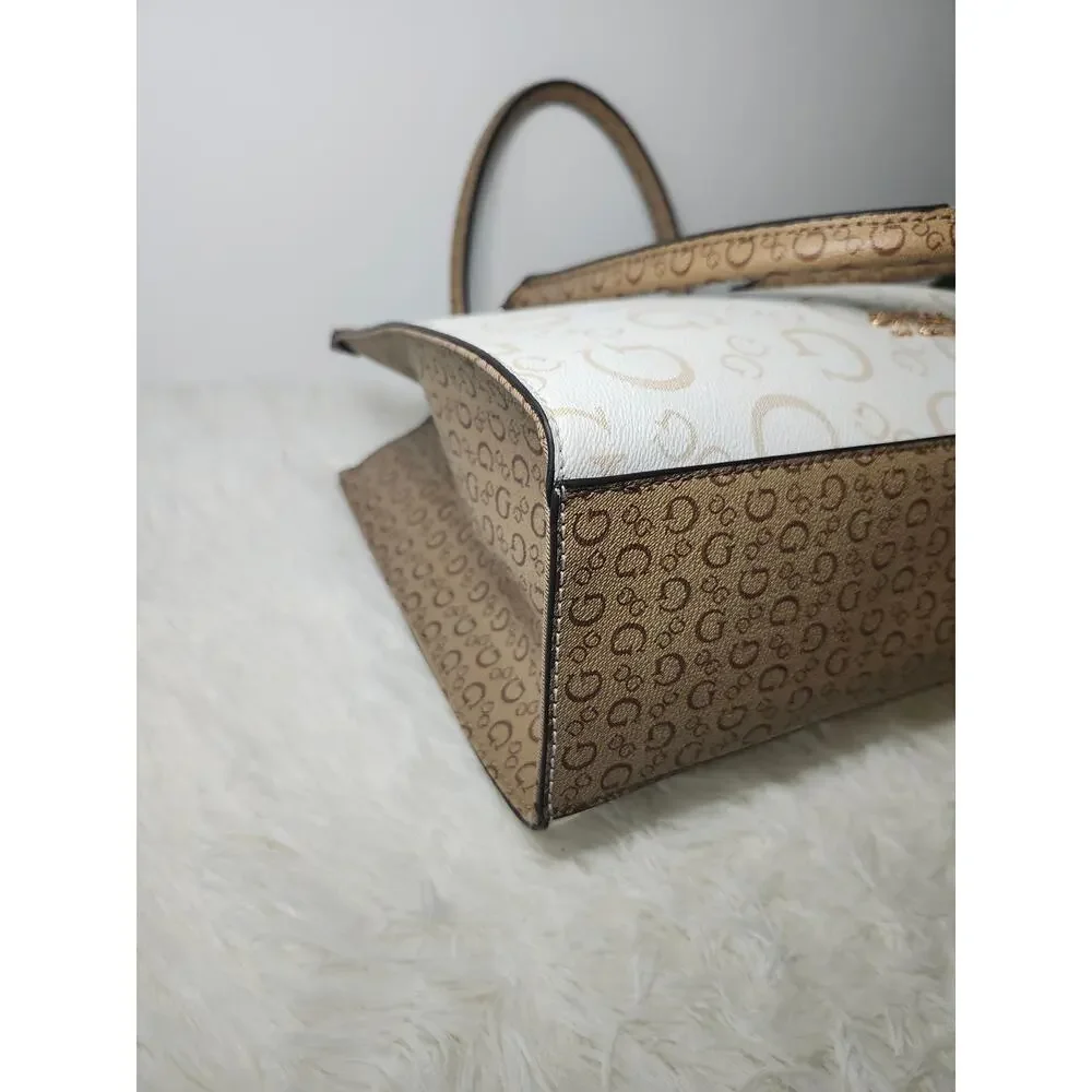 Guess Tote Bag Women's Cream Brown Gold Tone Preppy Classic Monogram Logo